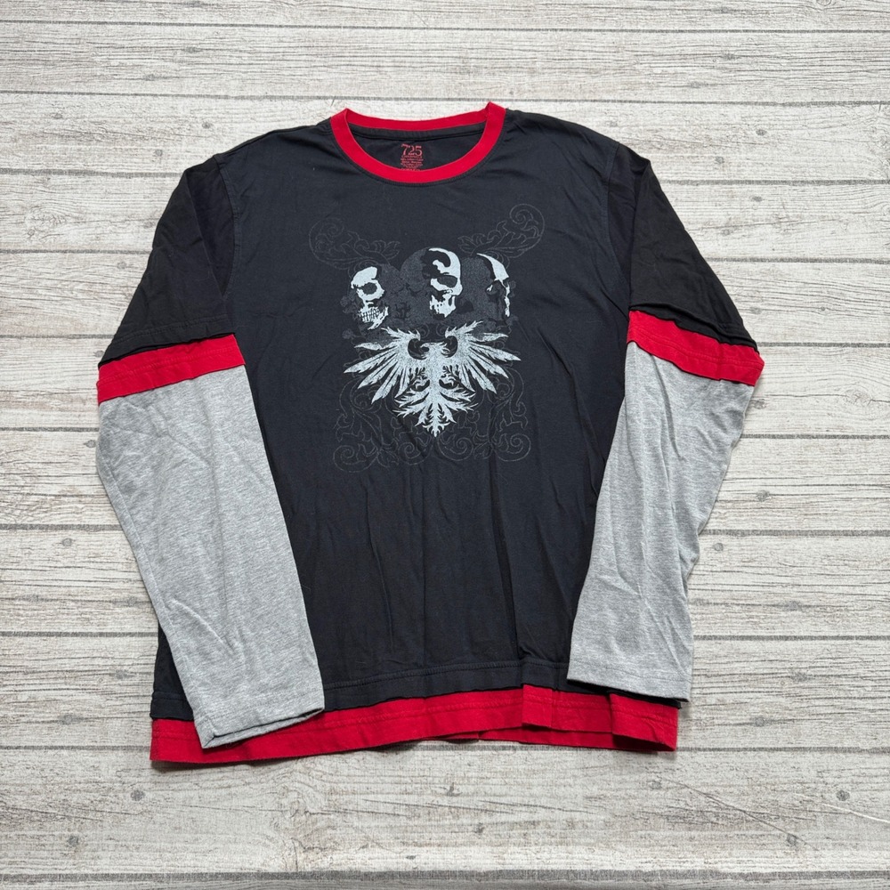 725 Originals T-Shirt Men's XL Black Layered Skull Graphic Long Sleeve Skater